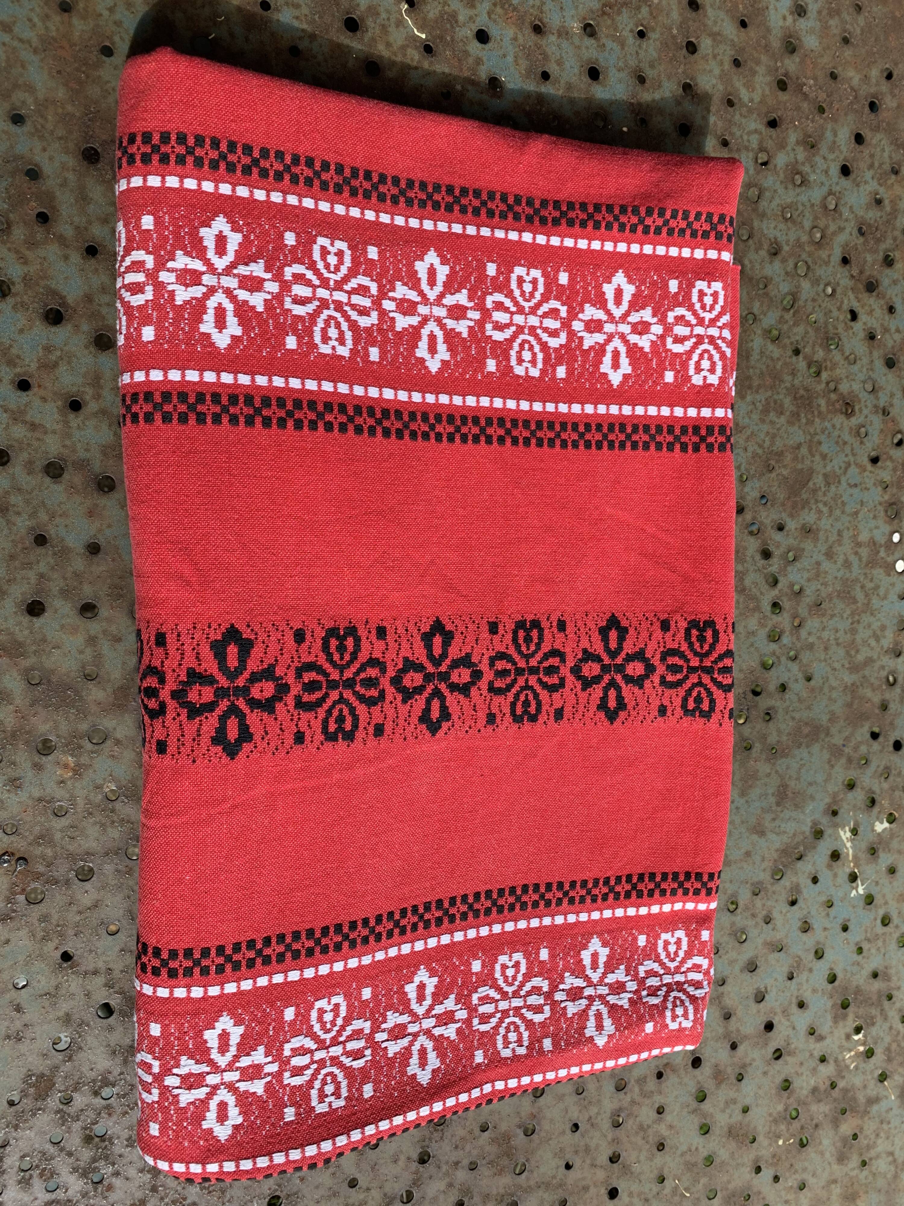 Rectangular tablecloth, Basque household linen in red cotton with black and white embroidery, vintage
