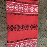 Rectangular tablecloth, Basque household linen in red cotton with black and white embroidery, vintage