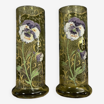 Pair of enameled glass scroll vases decorated with flowers (pansies)