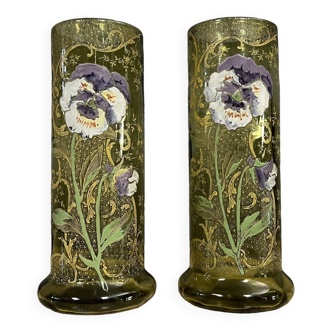 Pair of enameled glass scroll vases decorated with flowers (pansies)