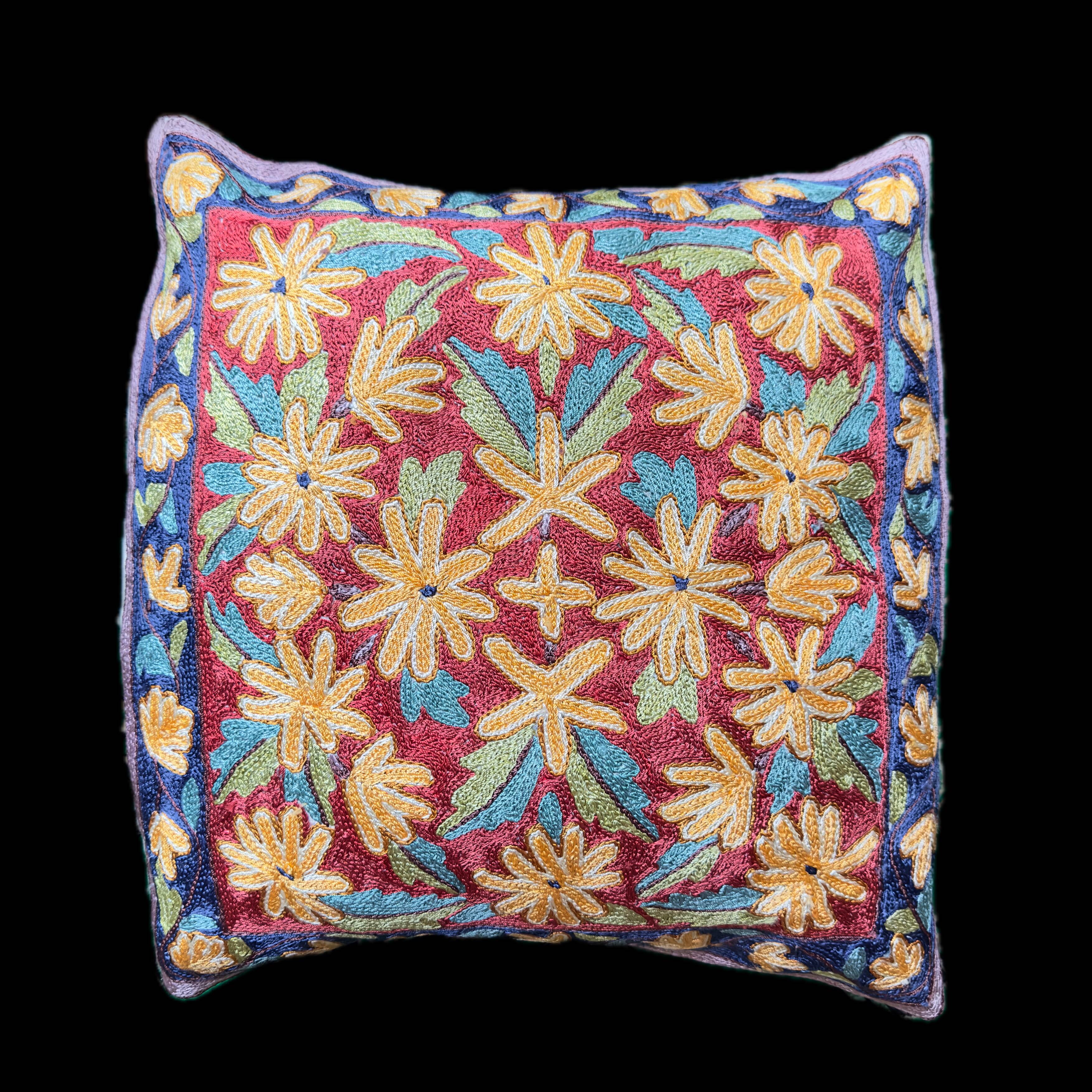 Hand-embroidered cushion cover from Kashmir, Mughal floral pattern 40 x 40 cm