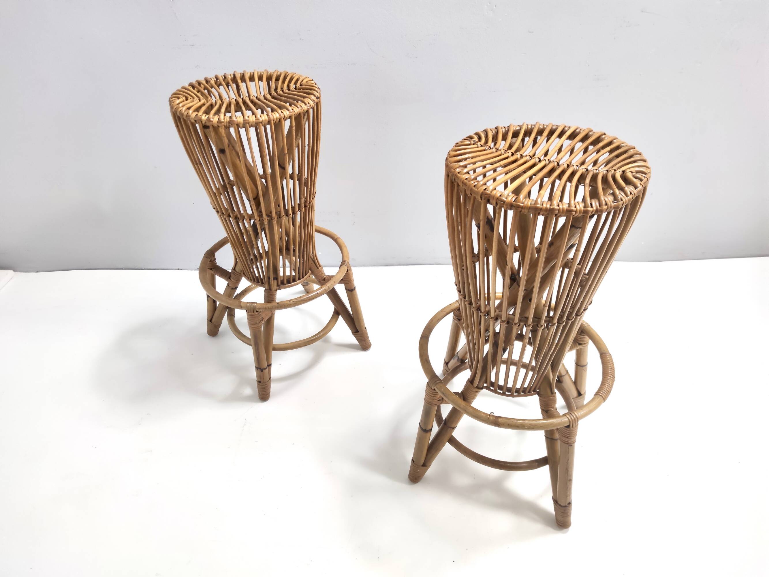 Pair of Postmodern Italian Round Bamboo Stools in the style of Agnoli