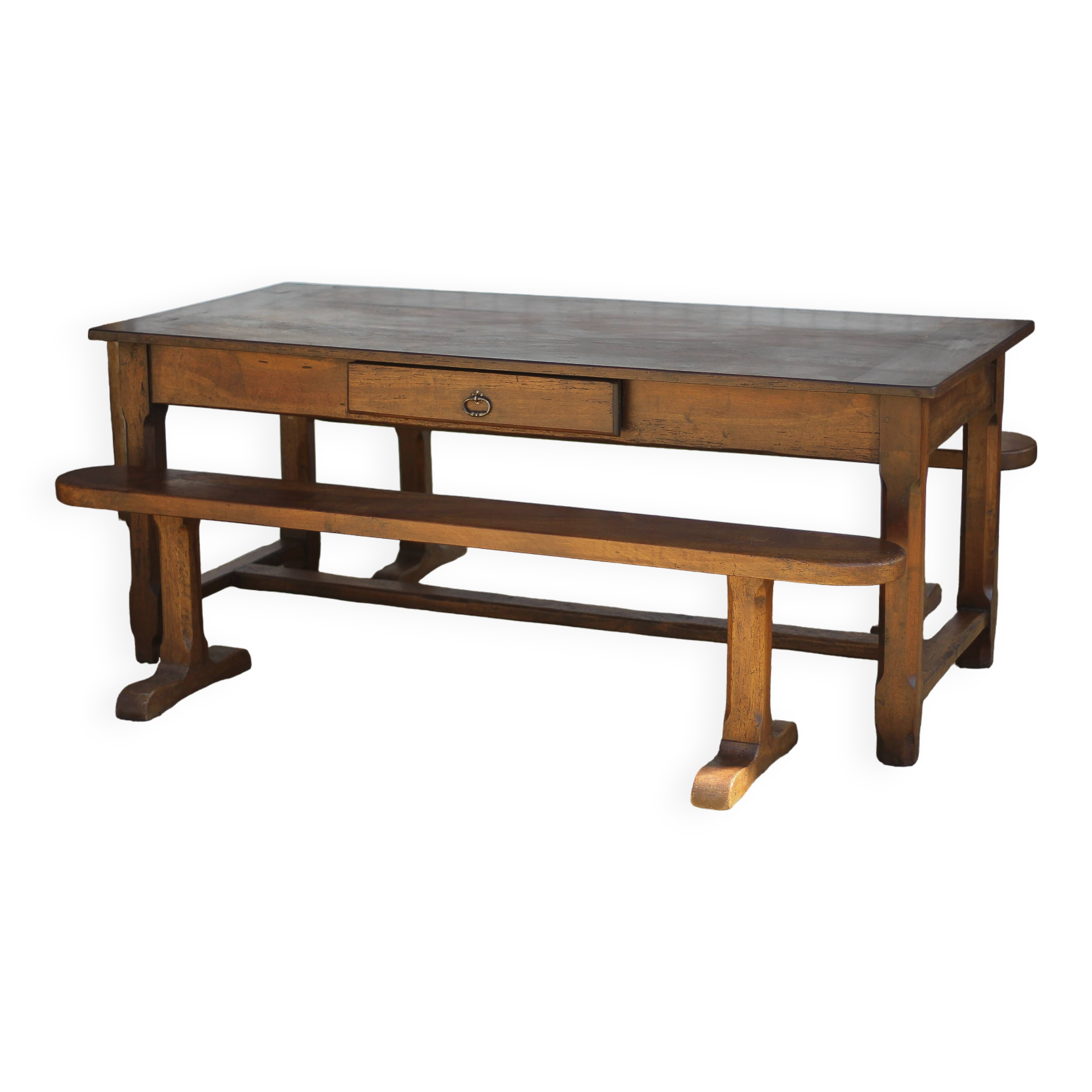 Farmhouse table and two benches, antique wooden farmhouse table, living room furniture, country style, chalet style, decor