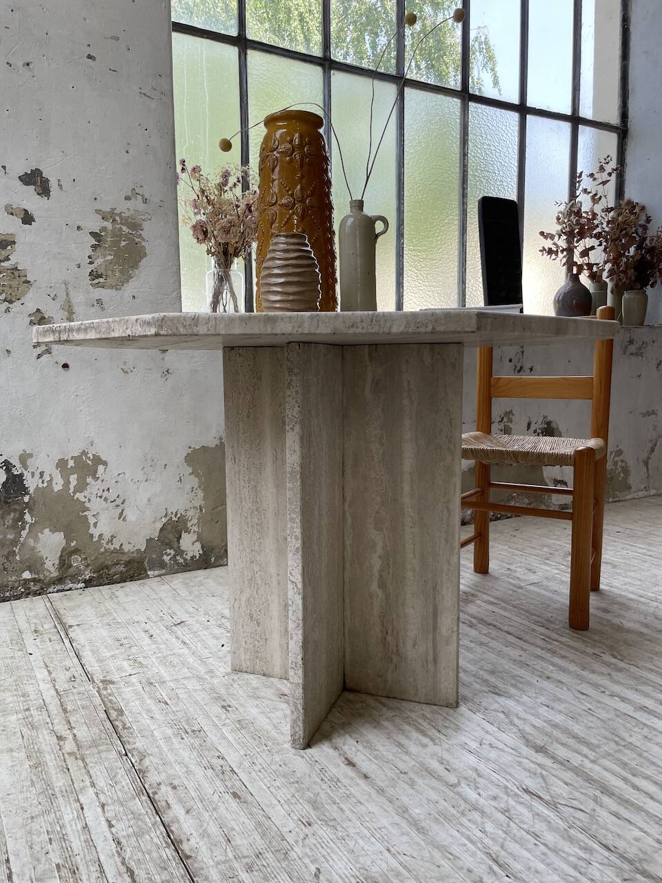 Octagonal travertine coffee table