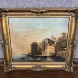 Italian school painting from the 19th century around 1800: oil on canvas, view of a lively port