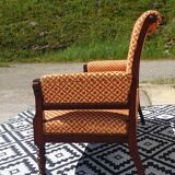 Vintage bench in wood and orange/ivory velvet.