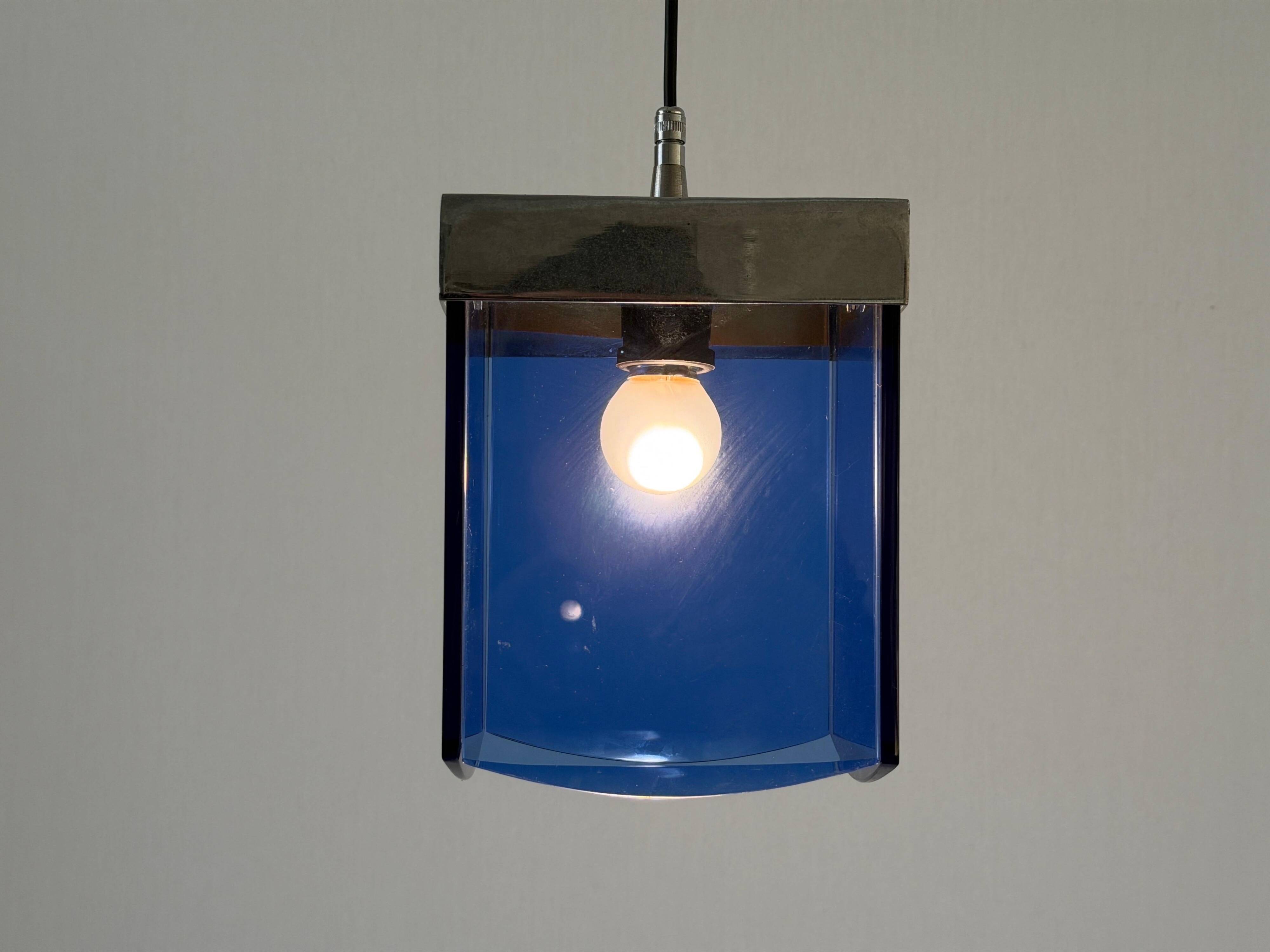 Art Deco ceiling light in blue glass and chrome, 1950s, Italy