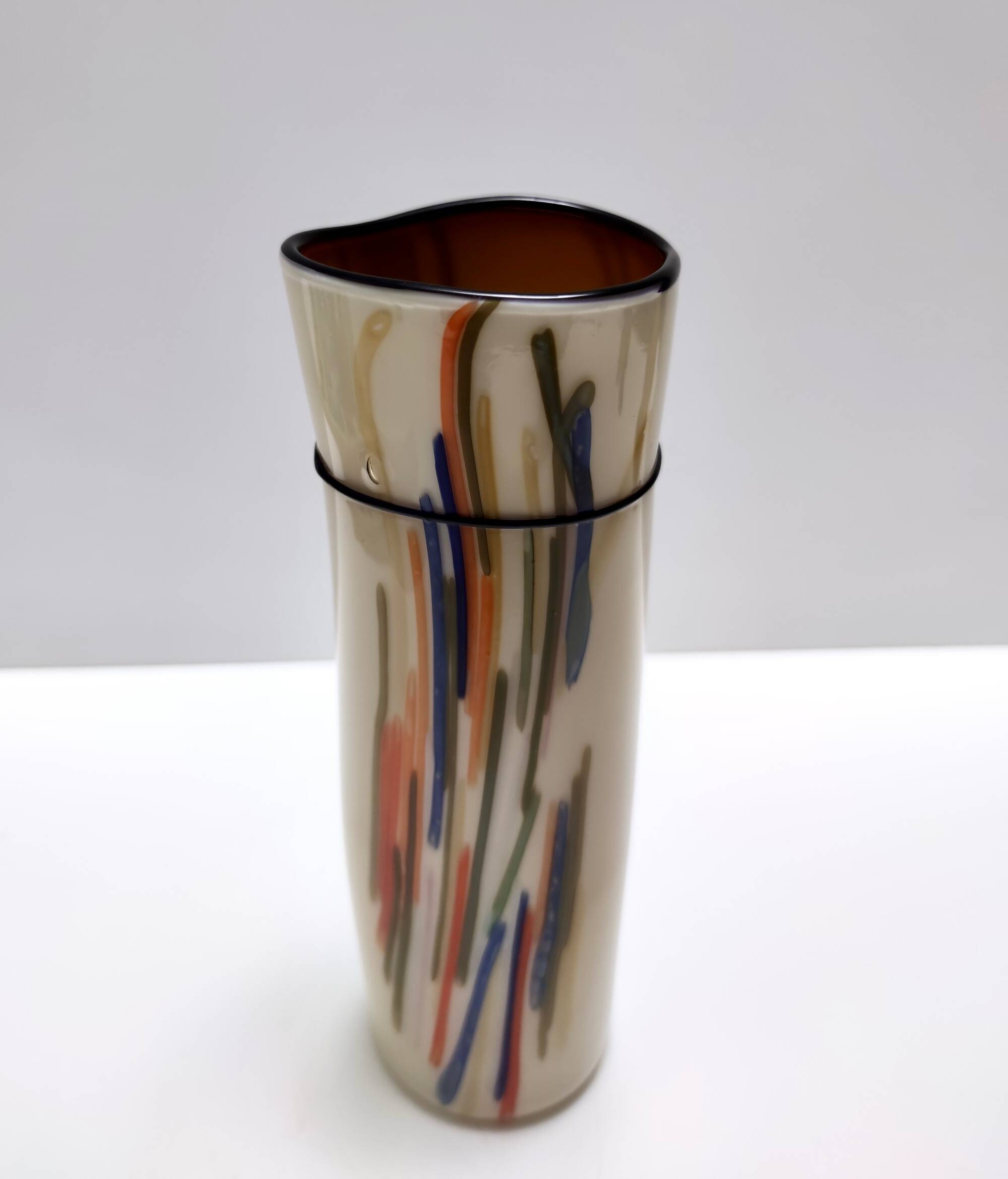 Beige Cylindric Encased and Hand-blown Opaline Glass Vase, Italy