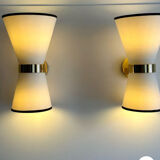 Pair of Italian sconces 80's vintage brass fabric