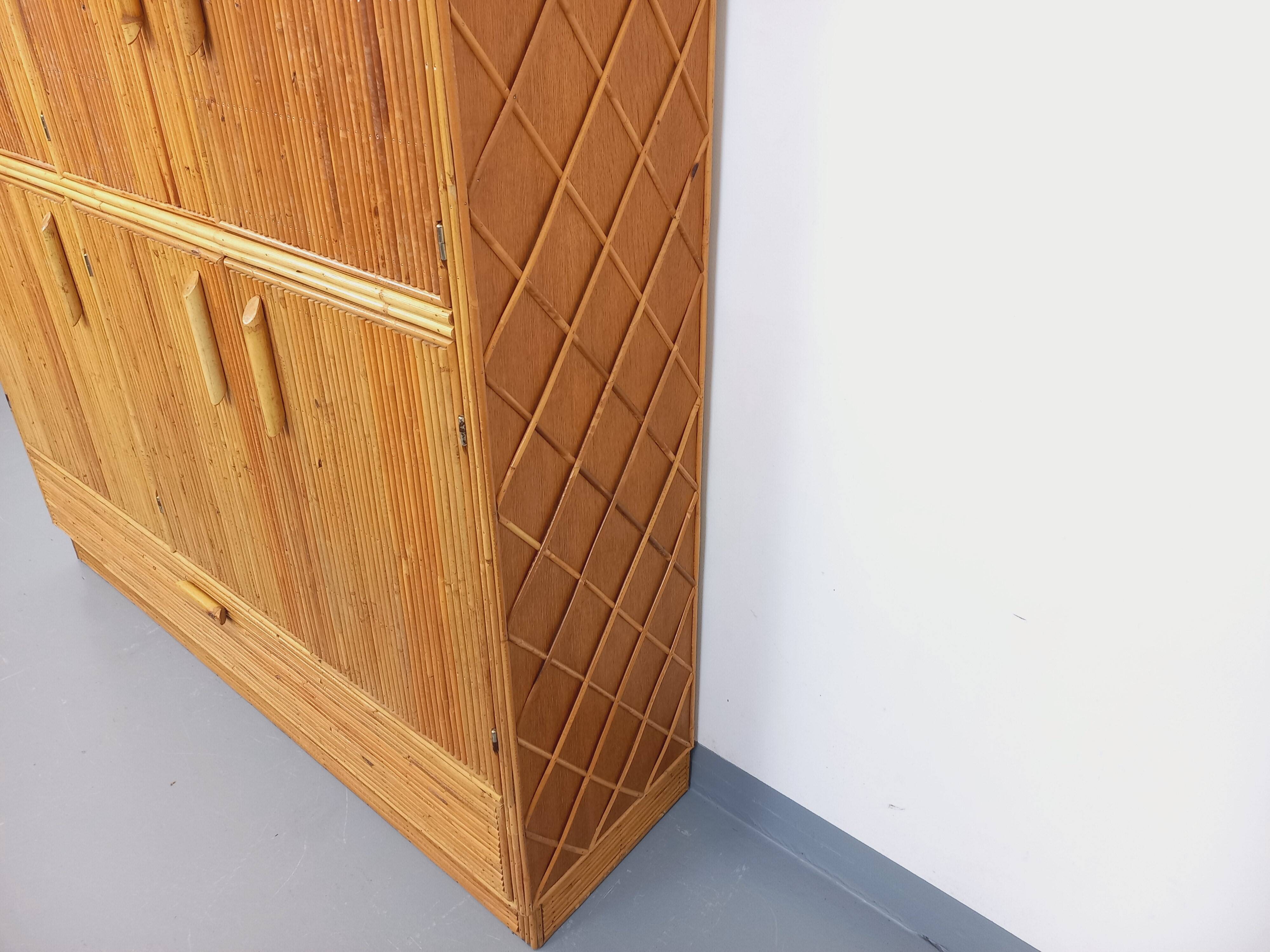 Vintage rattan and light wood storage unit from the 60s