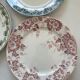 Lot of 4 dessert plates in pink, blue, and green ironstone, flat earthenware.