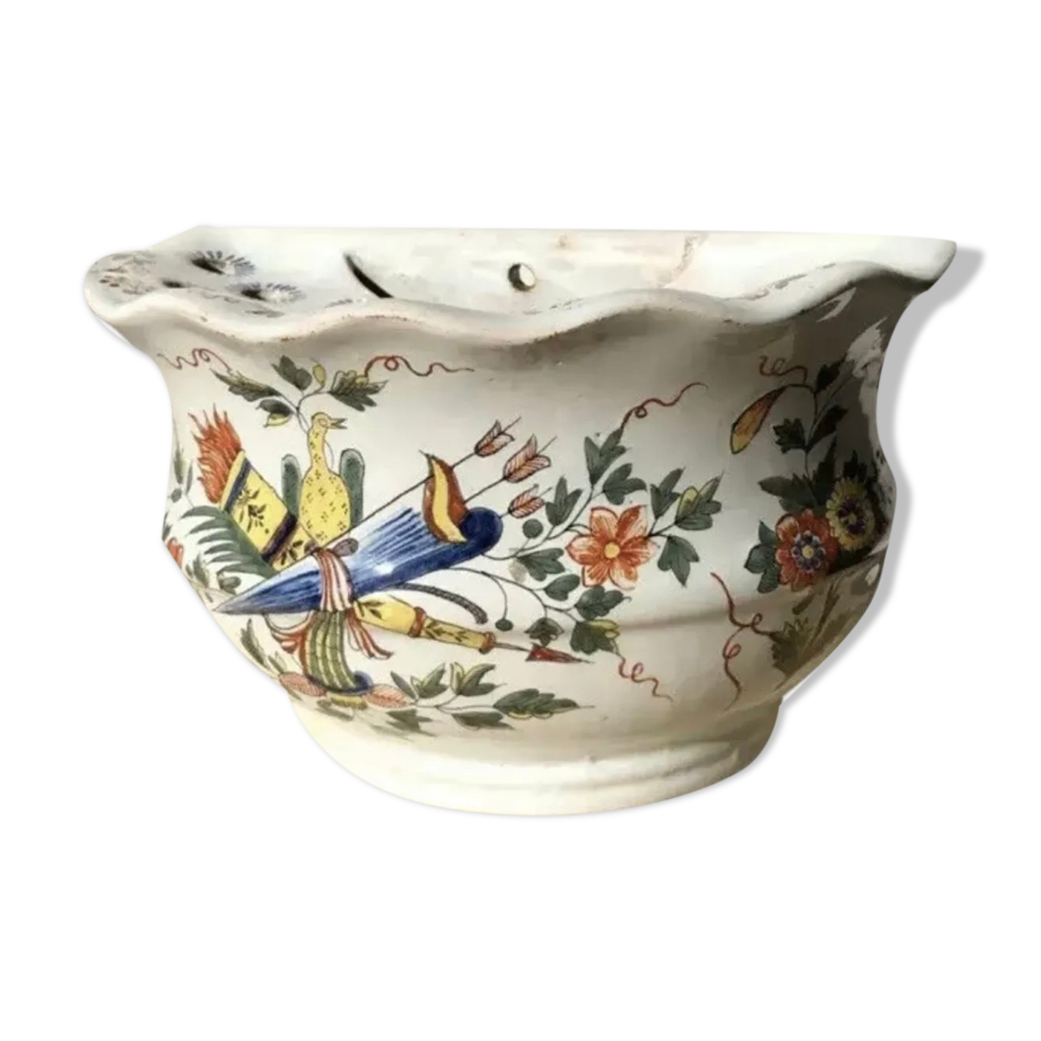 Flower holder old wall flower in earthenware signed MD porcelain hand painting