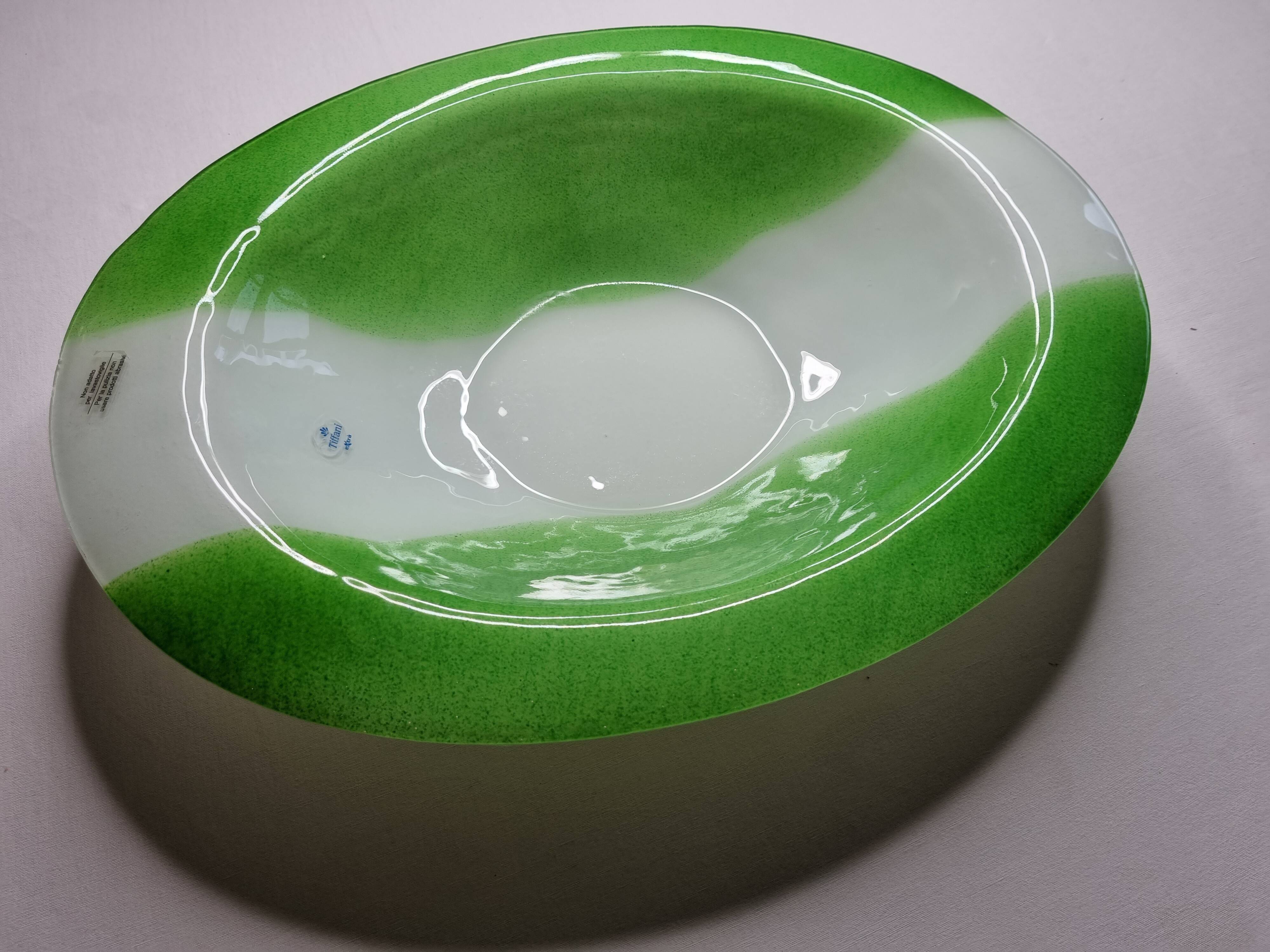 Plat décoratif ovale en pâte de verre, vert prairie et blanc, 45 cm