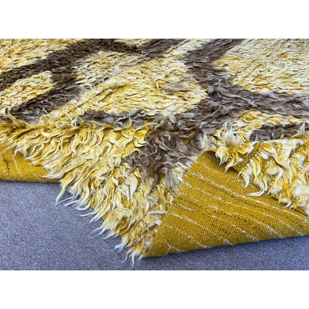 Vintage Hand-Knotted Shag Pile Rug with Brown Geometric Design on a Yellow Field, 100% Mohair Wool