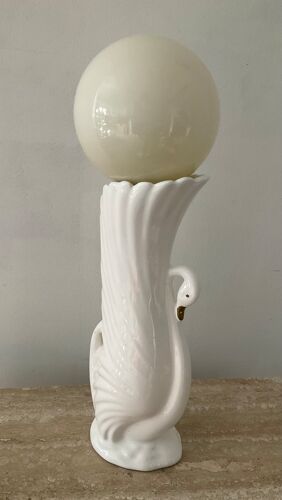 Lampe vintage cygne en céramique et opaline années 70-80