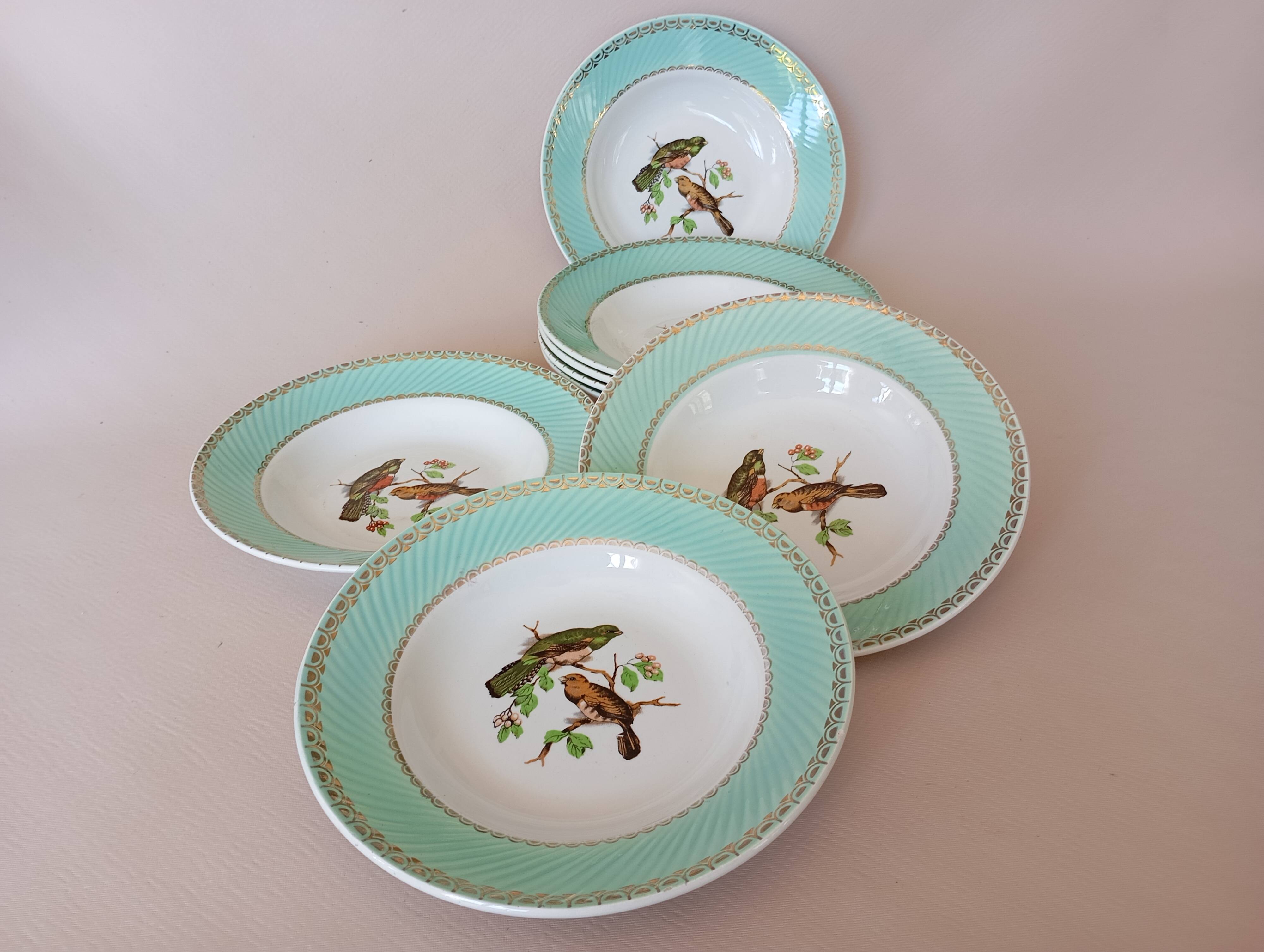 8 soup plates Fenal Badonviller "Birds" vintage 1950s