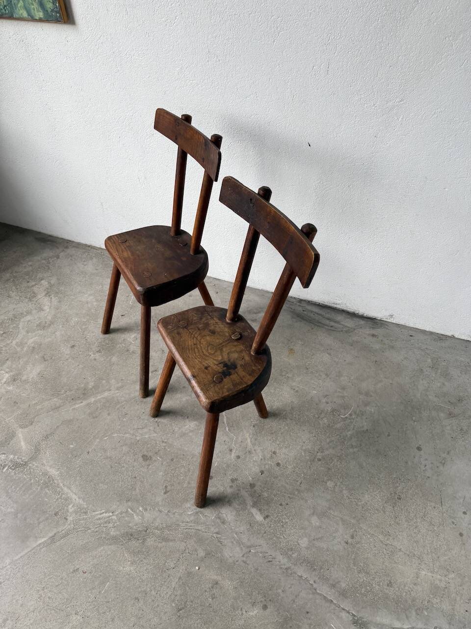 Pair of Savoyard tripod chairs, folk art, oak.