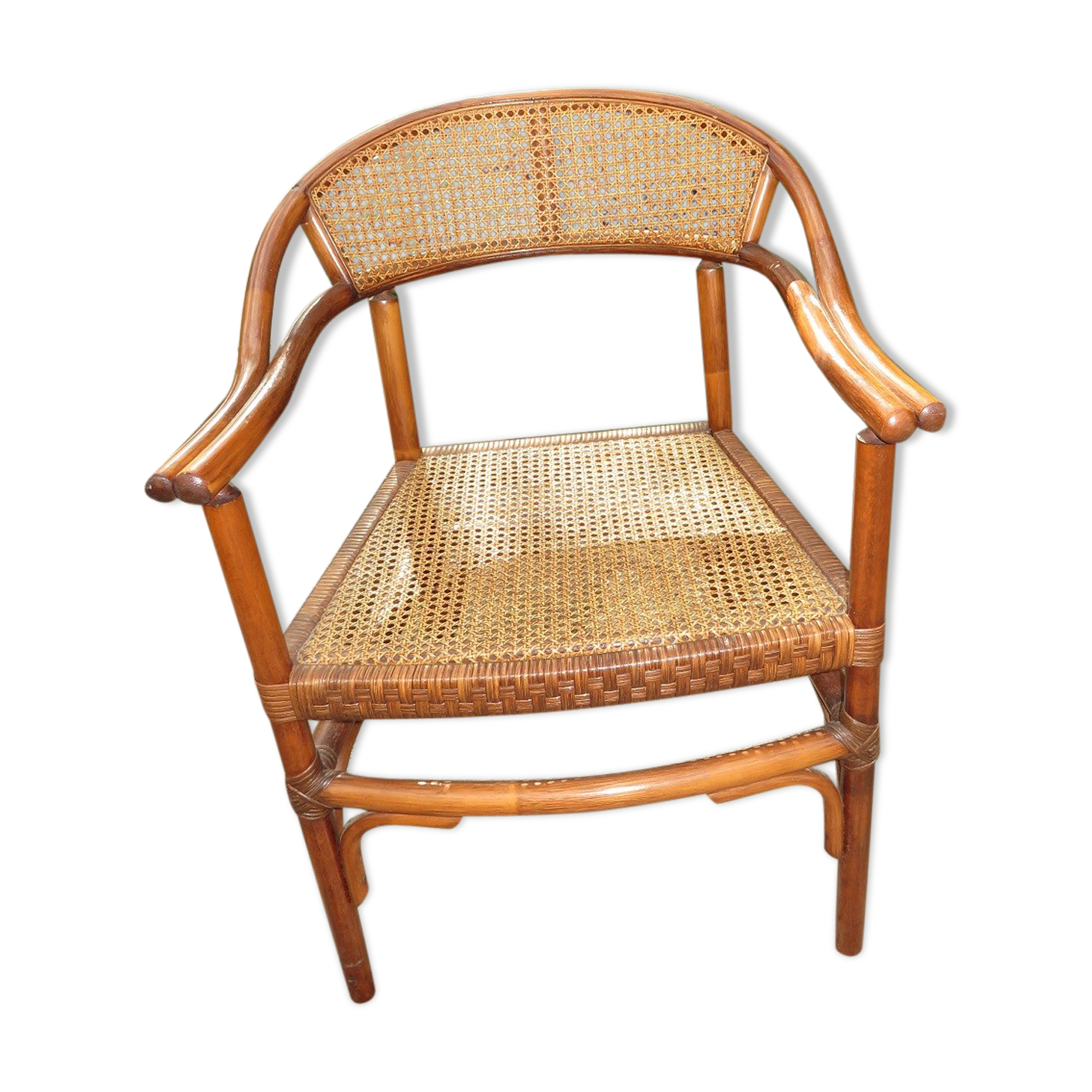Fauteuil bureau bois courbé et cannage