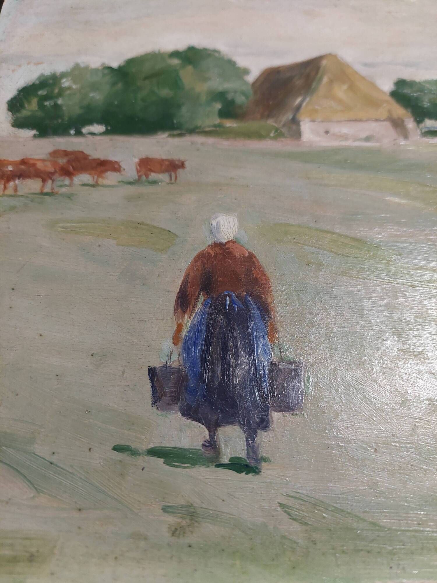 Oil painting on cardboard, rural landscape, early 20th century