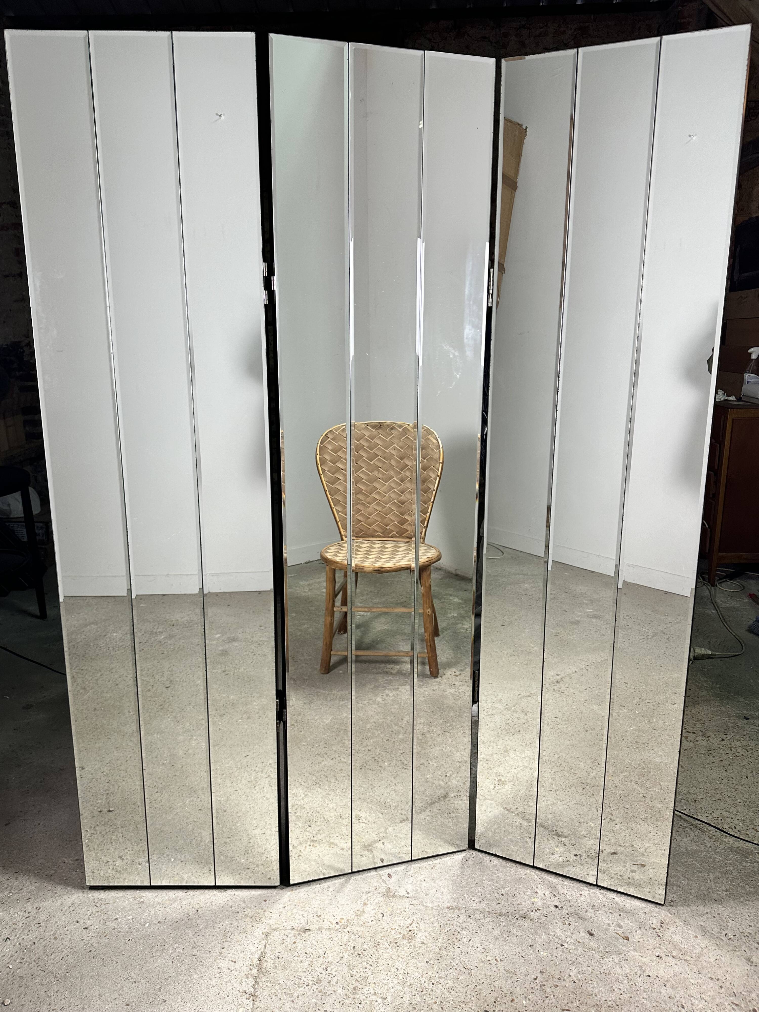 Vintage 80'S 3-panel beveled mirror screen
