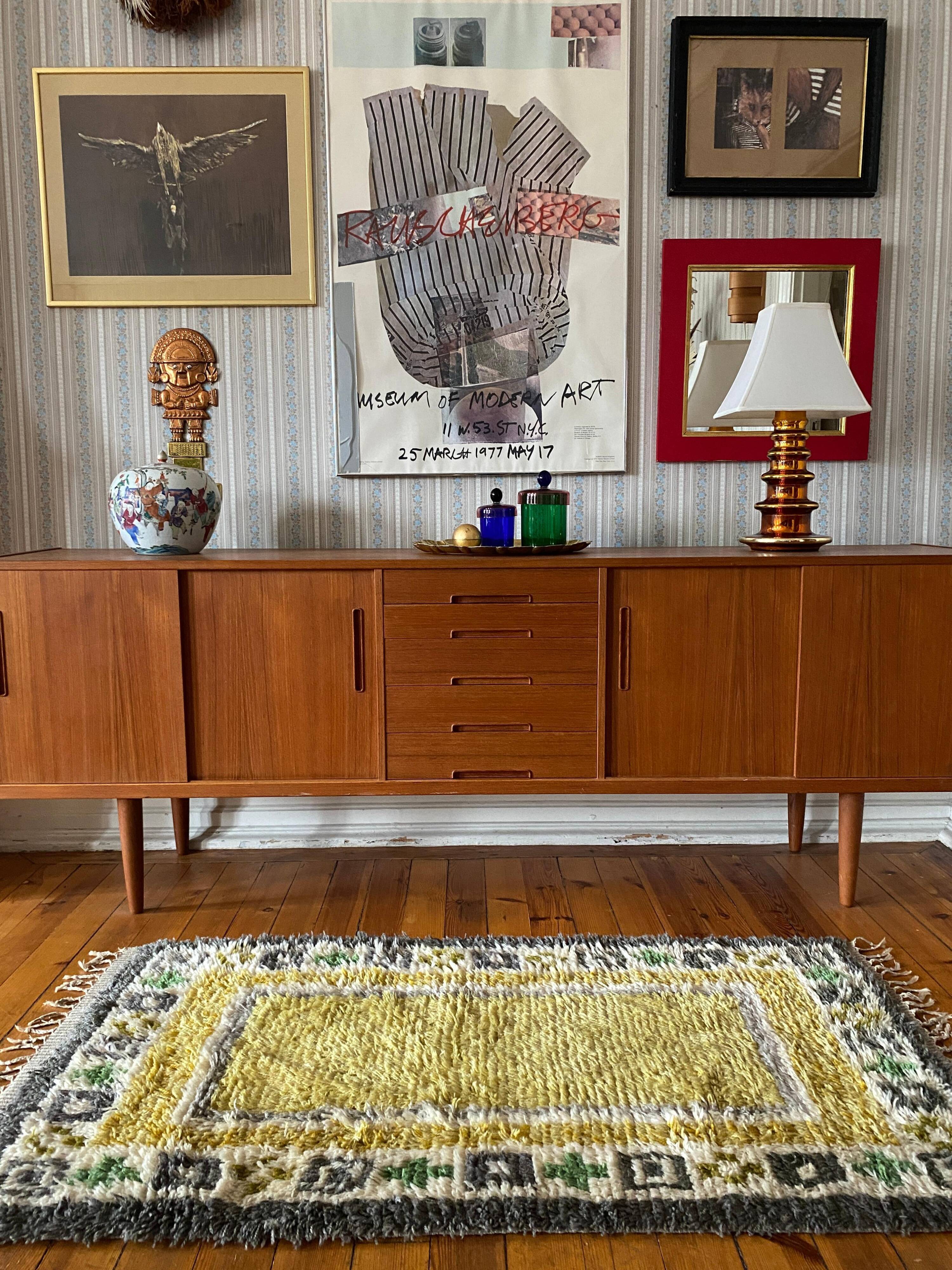 Mid-century Modern High Pile, Yellow, White, Green & Grey Rya Rug, Sweden, 1960s