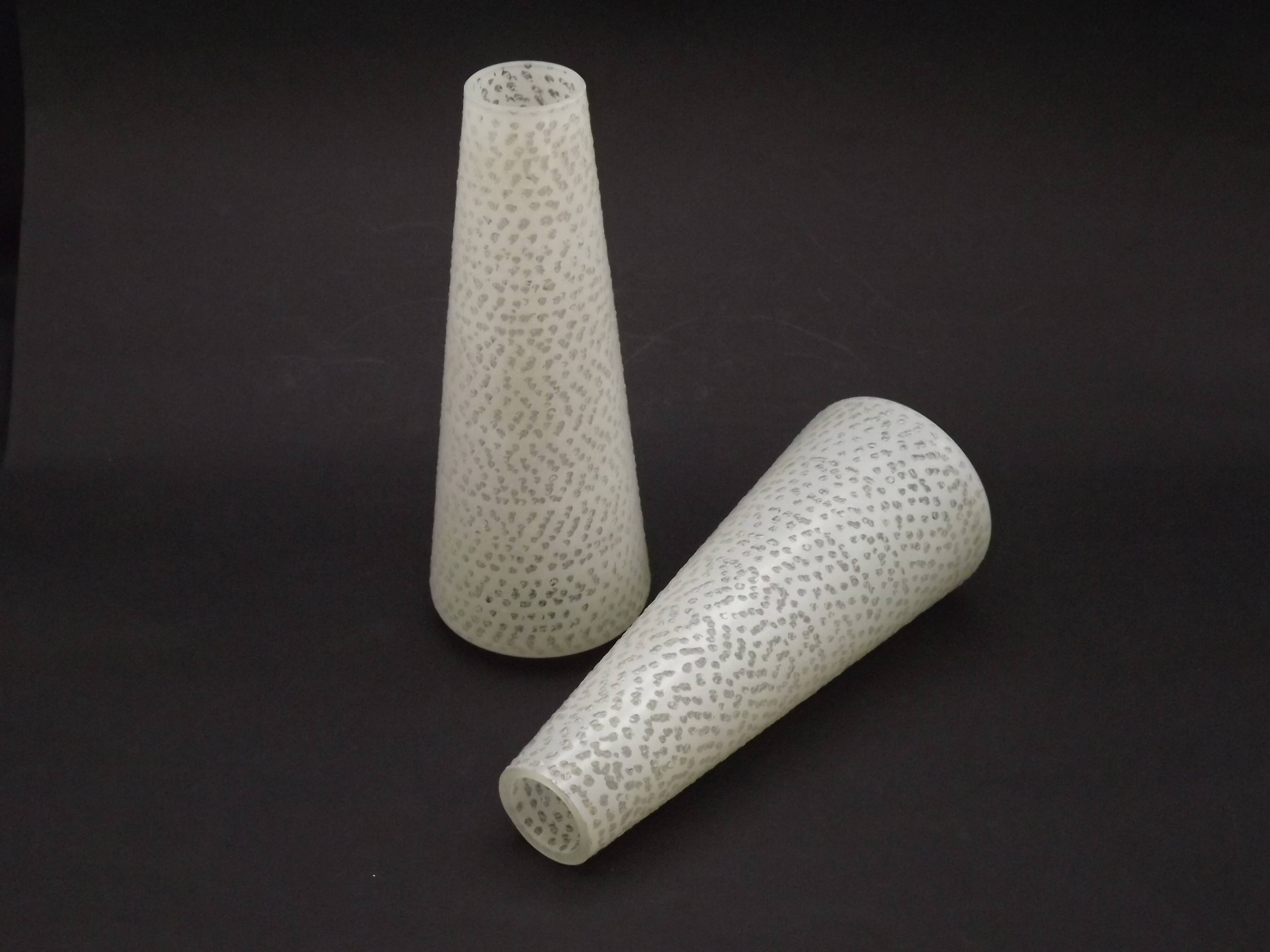 Pair of French vintage retro white opaque patterned glass replacement shades.