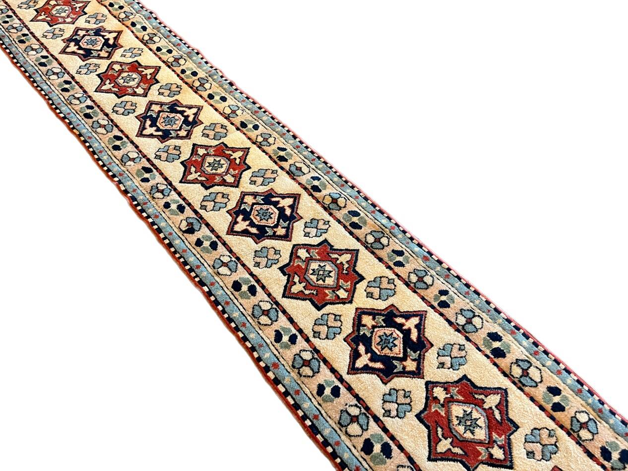Baby Blue and Beige Long Vintage Hallway Runner