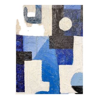 Peinture abstraite moderne bleue et blanche du milieu du siècle, 1958