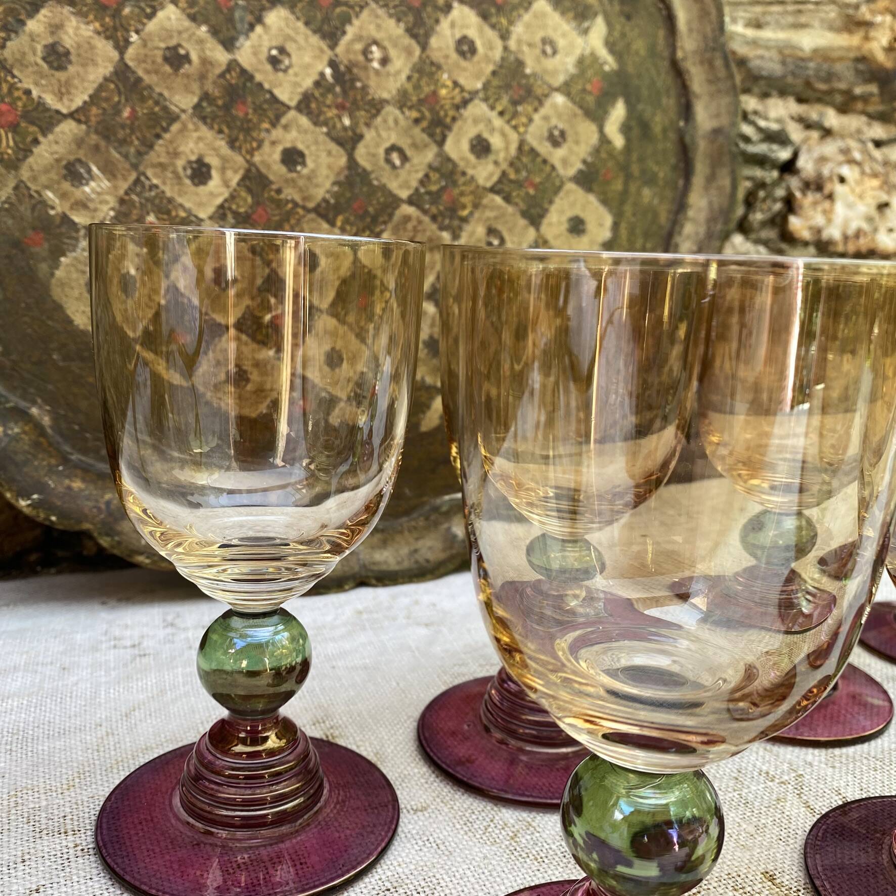 Vintage coloured tinted glass footed glasses