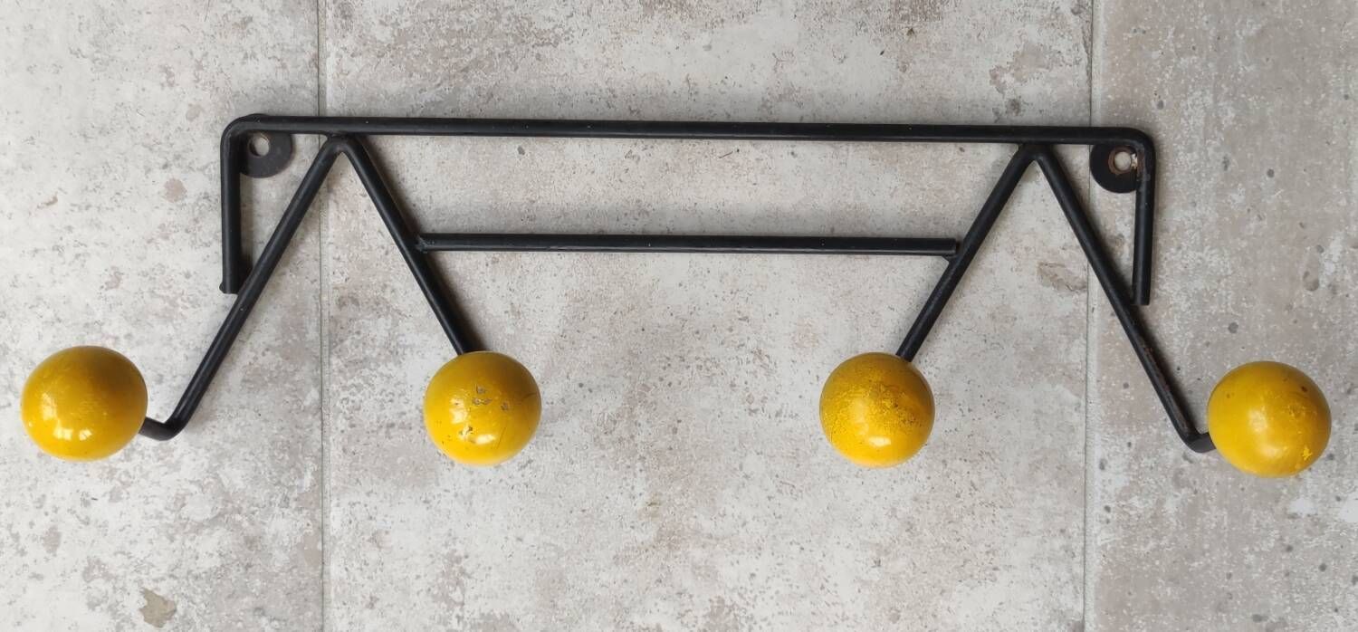 Two vintage metal and wood ball coat racks