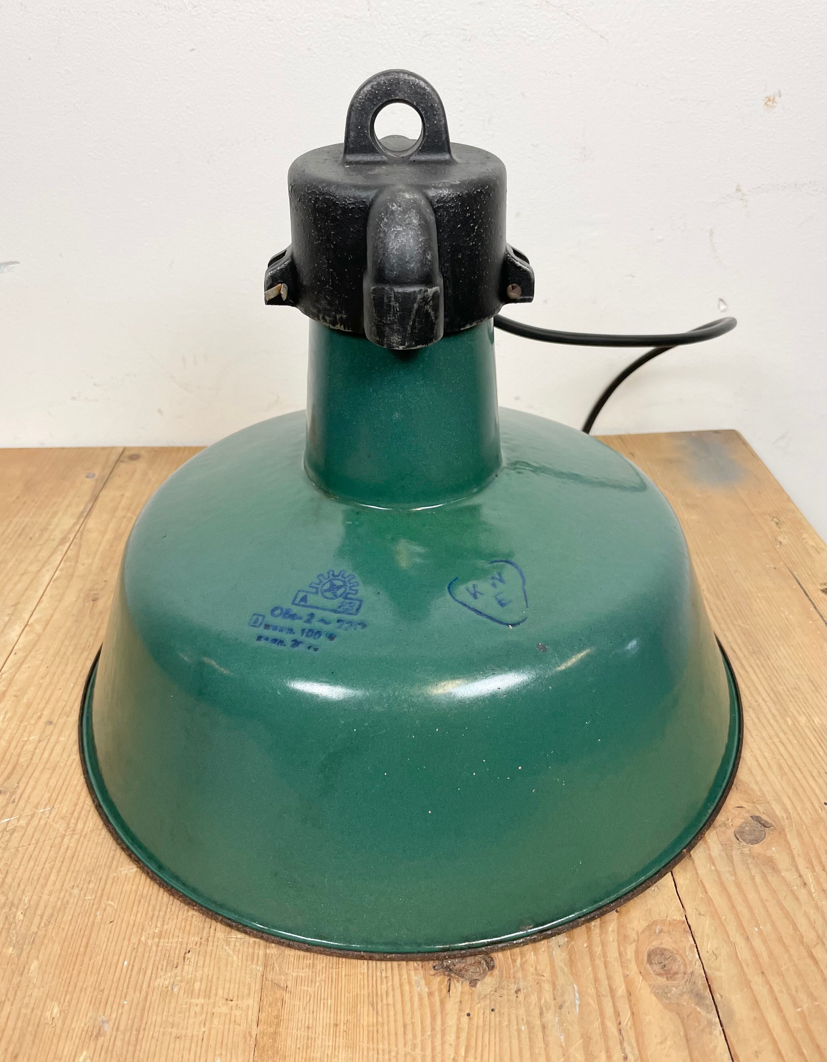 Industrial Green Enamel Factory Lamp with Cast Iron Top, 1960s