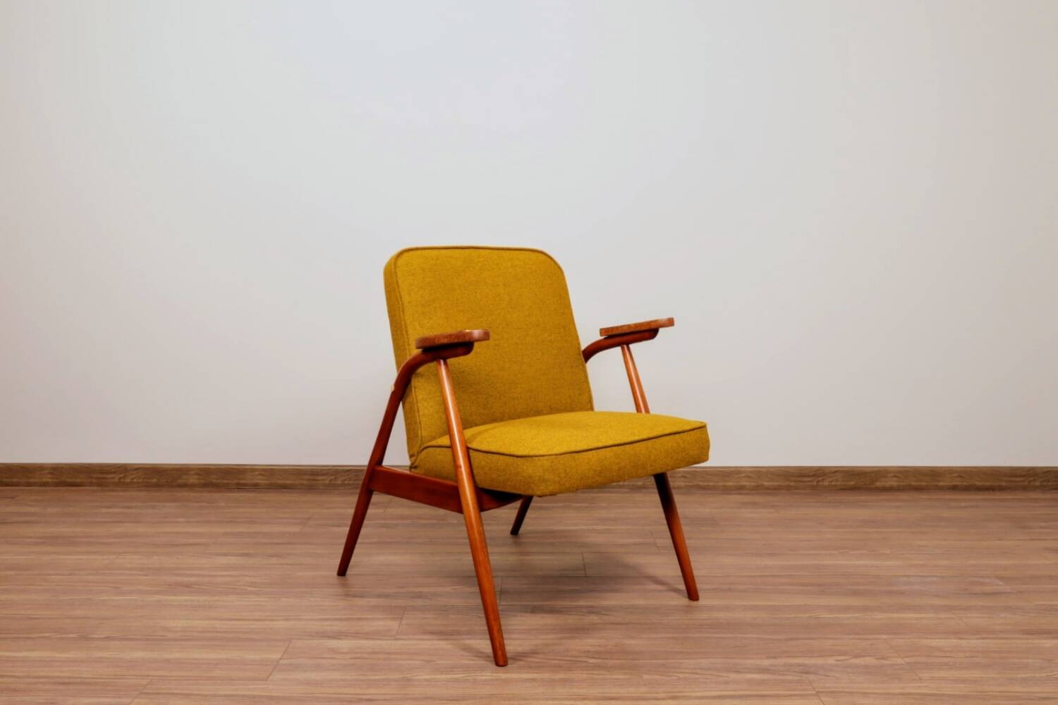 MID Century Armchair Ocher Yellow Wool, Turned Legs, 1960s