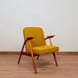 MID Century Armchair Ocher Yellow Wool, Turned Legs, 1960s
