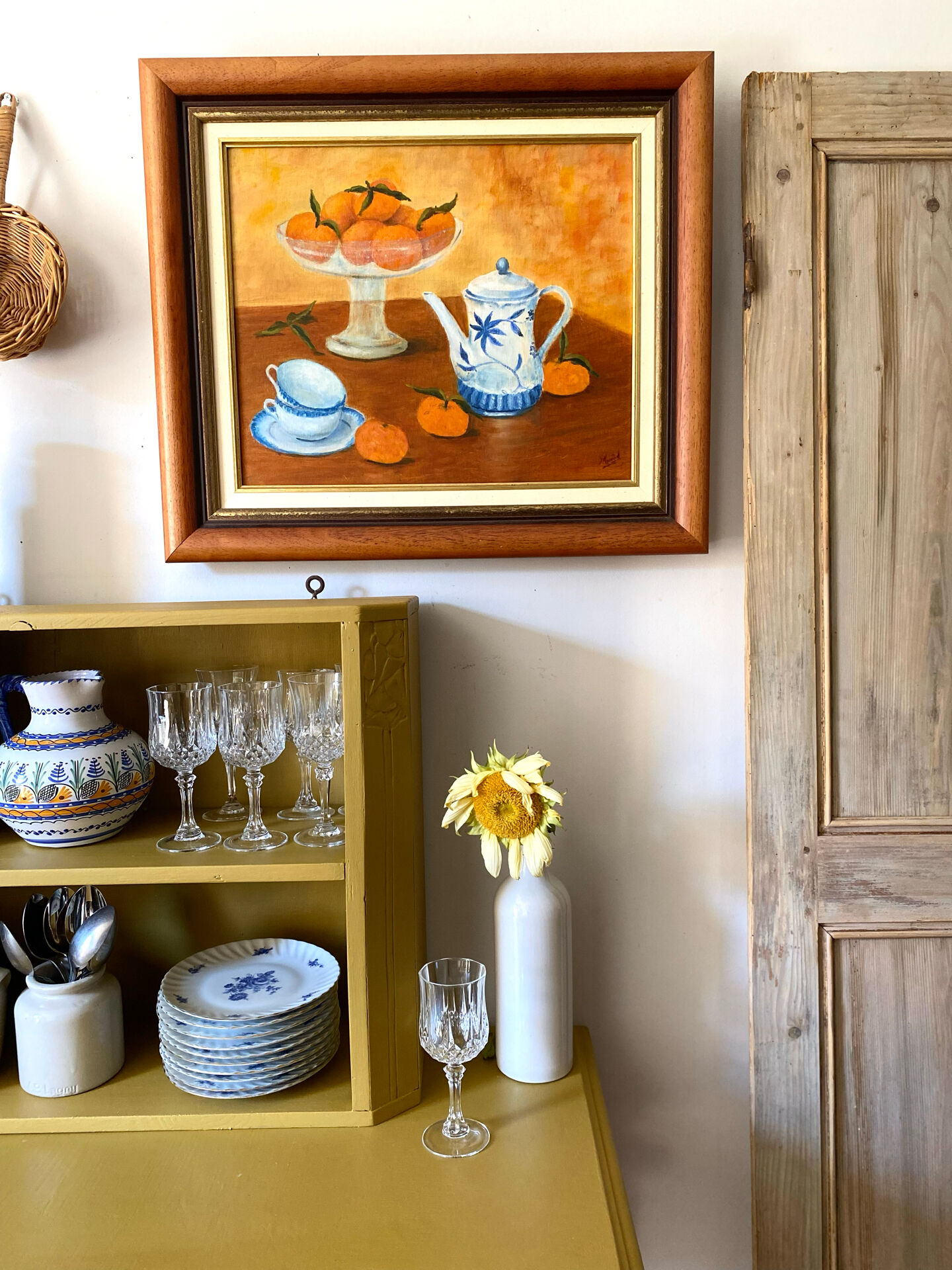 Still life with mandarins and blue pottery, oil on canvas