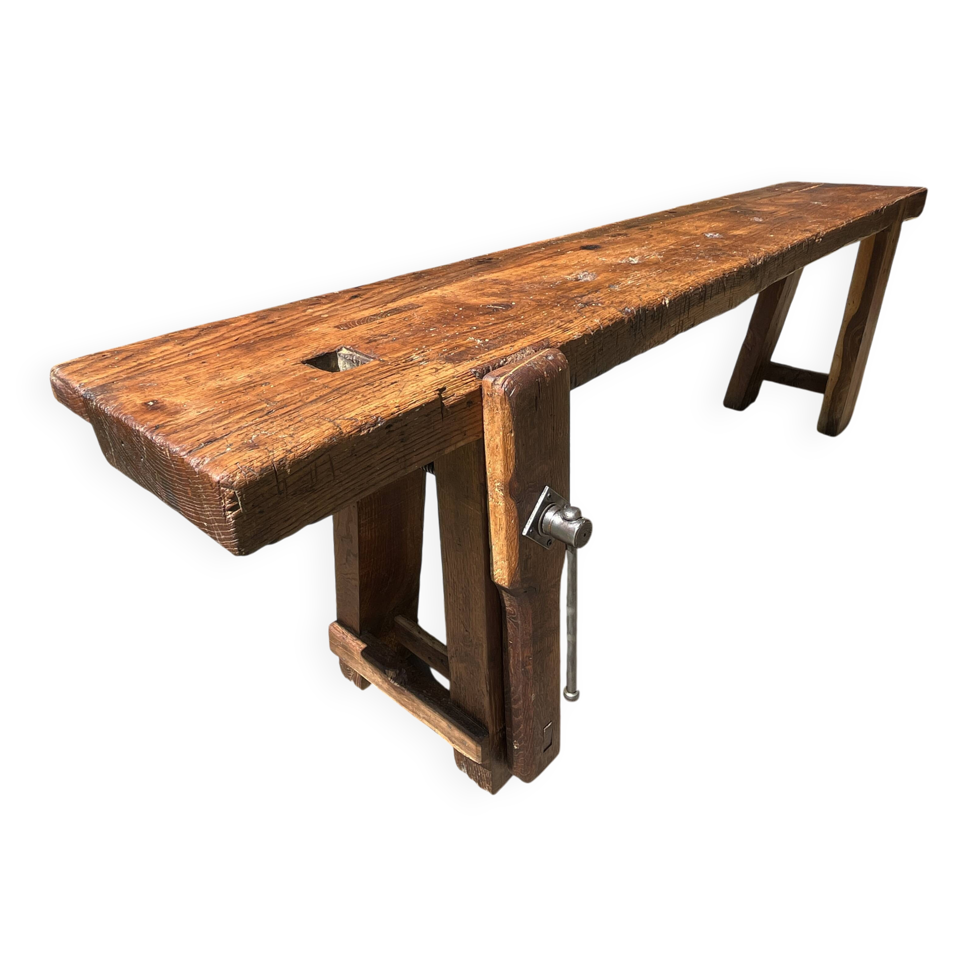 Restored antique carpenter's workbench in solid oak - 245 cm