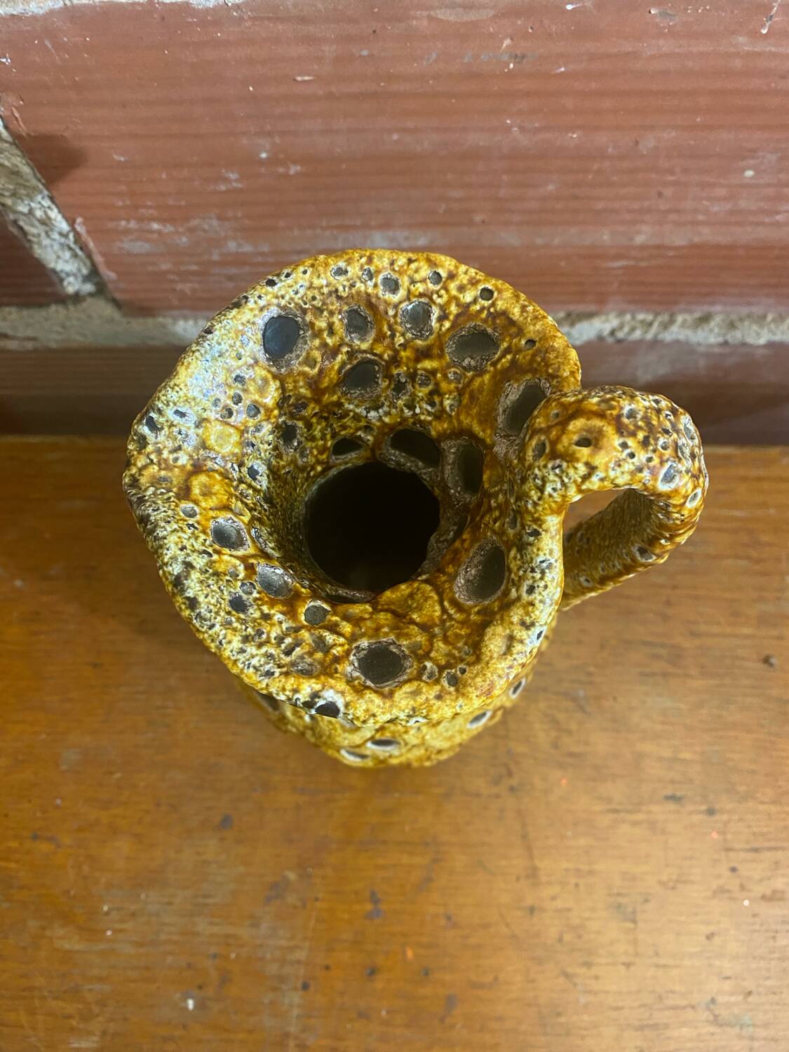 Antique pitcher cyclops enamels honey yellow vallauris fat lava vintage