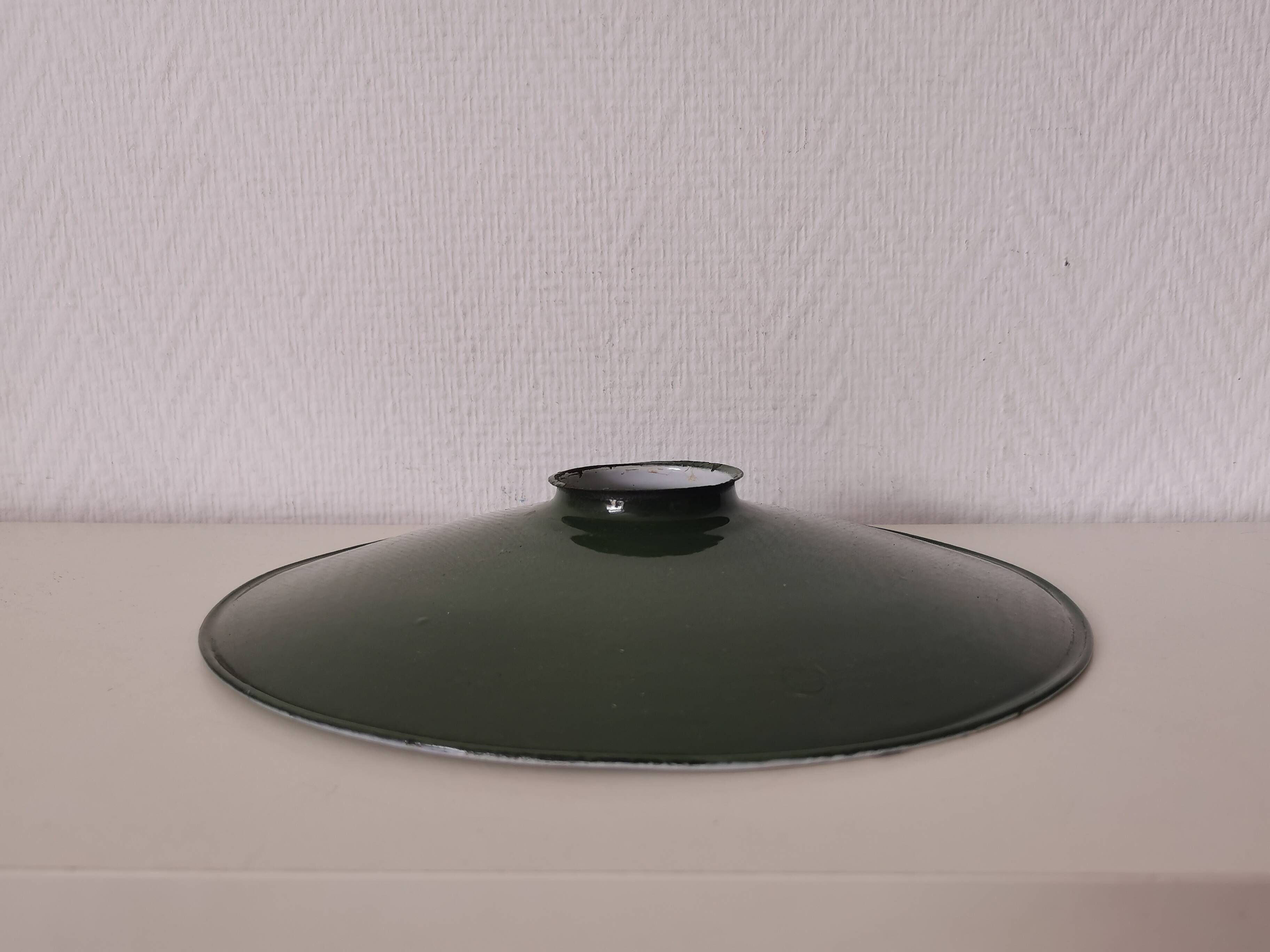 enamelled metal lampshade, dark green industrial decor