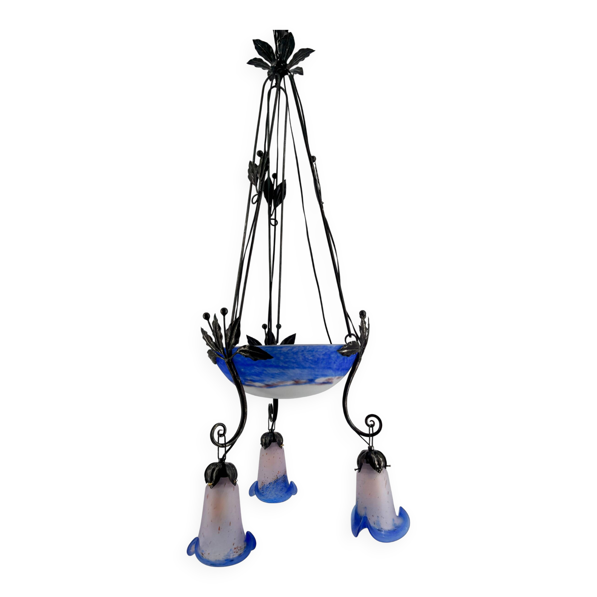 Wrought Iron and Blue Glass Paste Chandelier, Art Deco, France