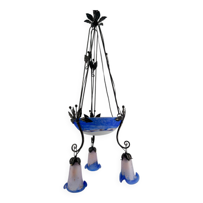Lustre en Fer Forgé et Pâte de Verre Bleu, Art Deco, France