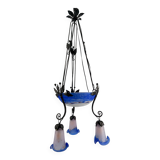 Wrought Iron and Blue Glass Paste Chandelier, Art Deco, France