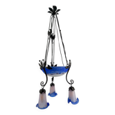 Lustre en Fer Forgé et Pâte de Verre Bleu, Art Deco, France
