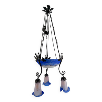 Wrought Iron and Blue Glass Paste Chandelier, Art Deco, France
