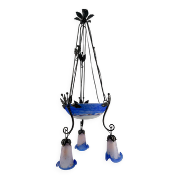 Wrought Iron and Blue Glass Paste Chandelier, Art Deco, France