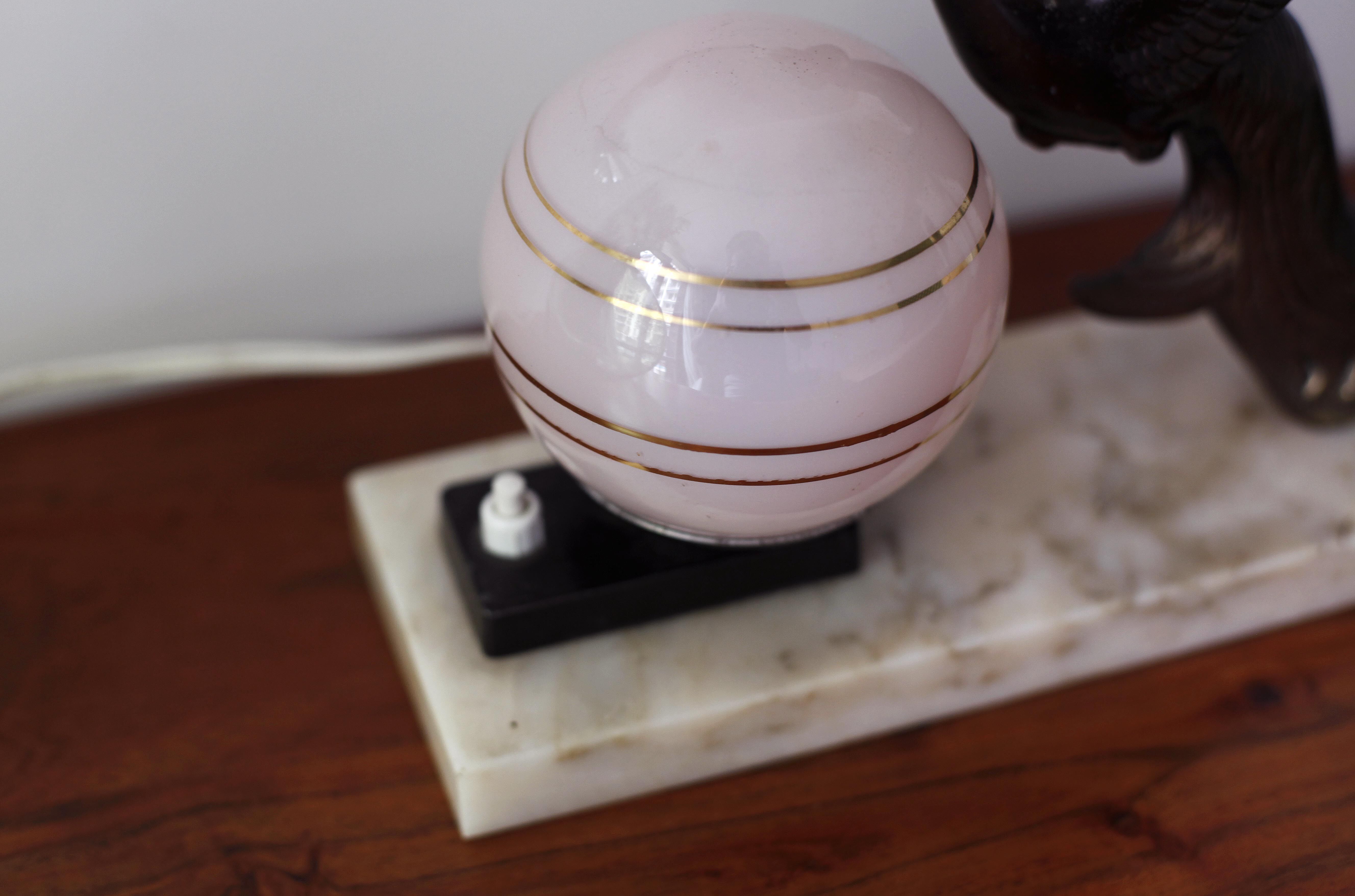 Art Deco lamp marble bird and pink opaline 1930s/40s
