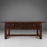 Table console espagnole ancienne en bois de chêne, avec 2 grands tiroirs du 18ème siècle.