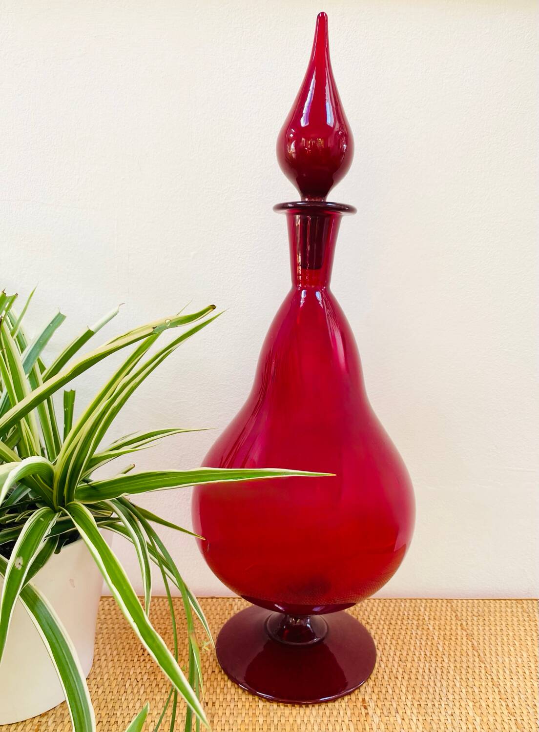Large blown glass red carafe Blenko / Genie Bottle from the 1960s.