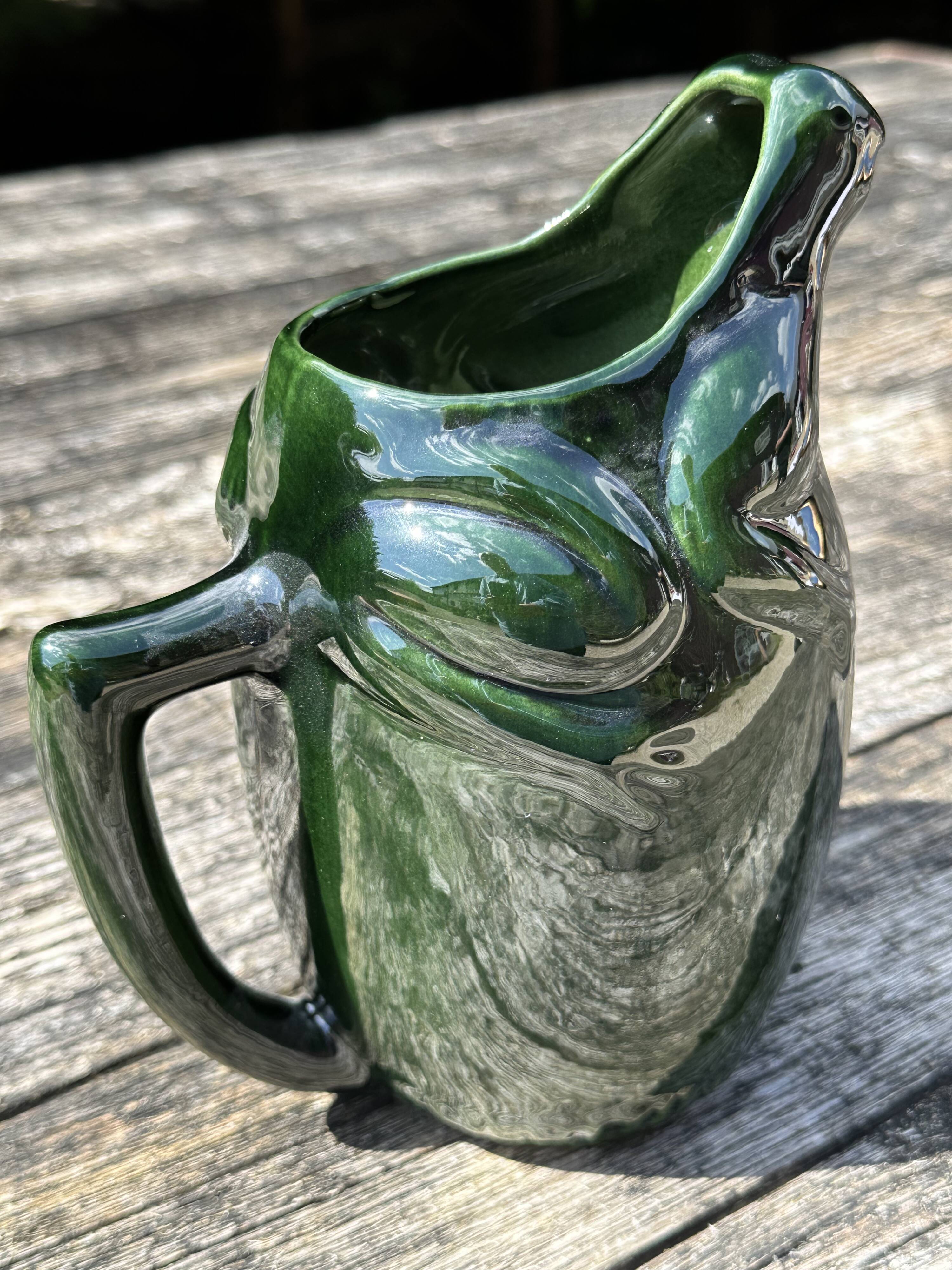 French ceramic dark green frog pitcher