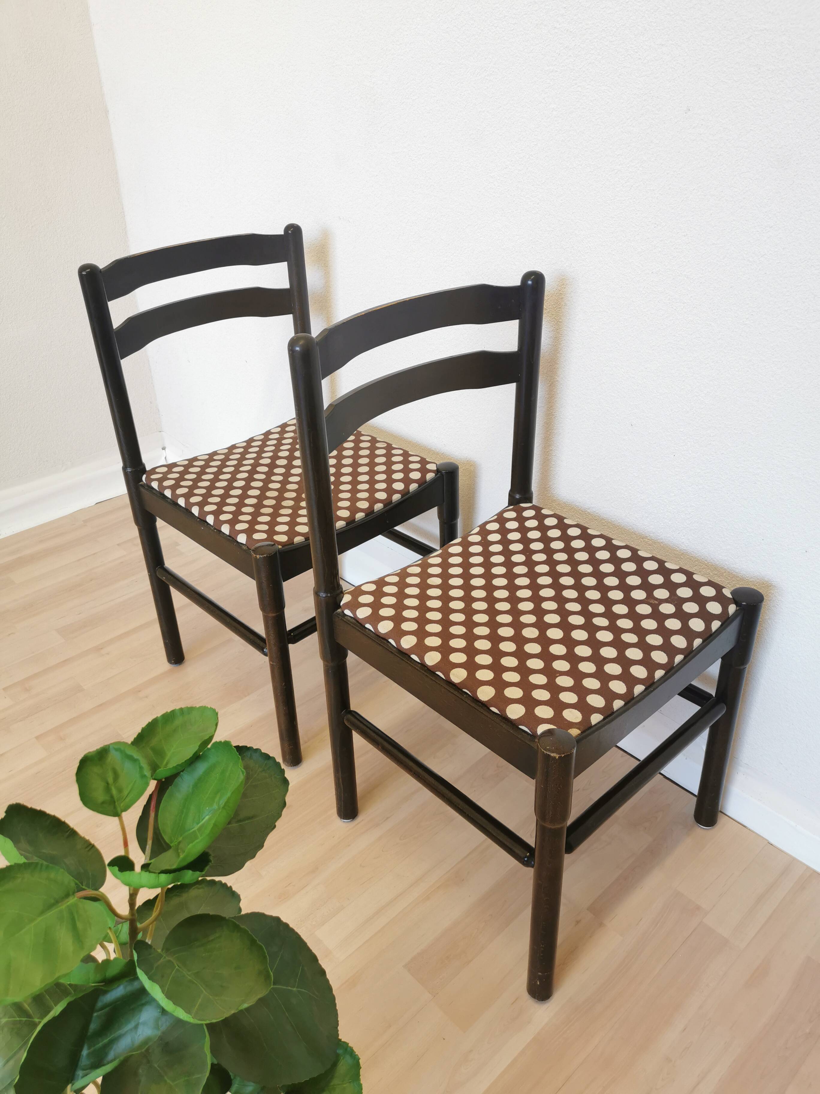 Set of 2 Vintage Wooden Dining Chairs: Brown & White Polka Dot Fabric 80s