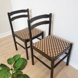 Set of 2 Vintage Wooden Dining Chairs: Brown & White Polka Dot Fabric 80s