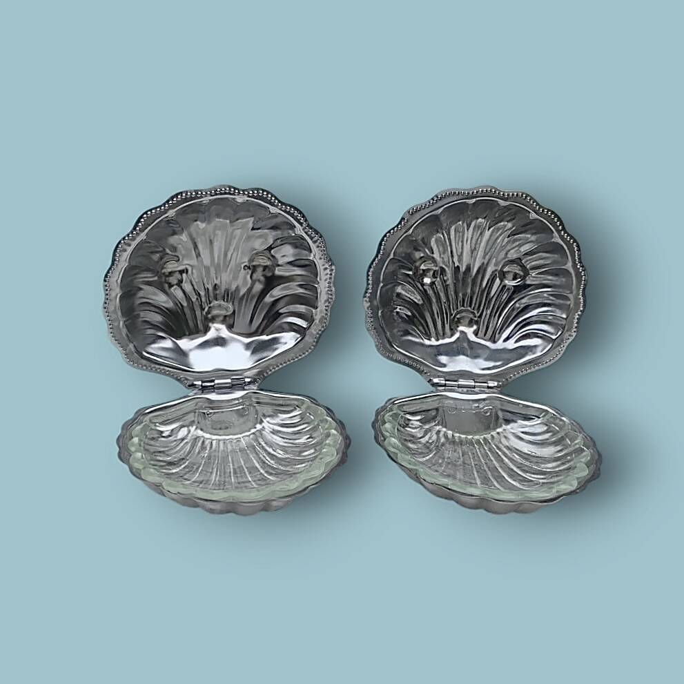Pair of vintage shell-shaped butter dishes – stainless steel and glass